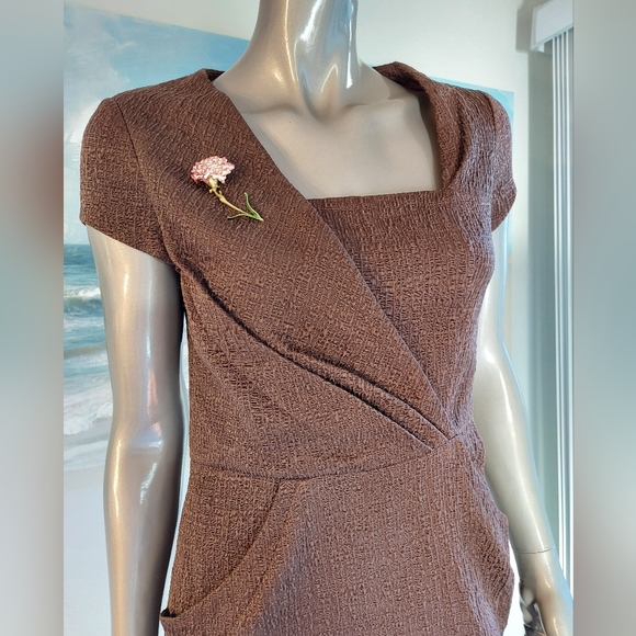 *$2,000 OSCAR DE LA RENTA BROWN SILK LINED DAY DRESS US XS OR 8 M - Picture 2 of 7